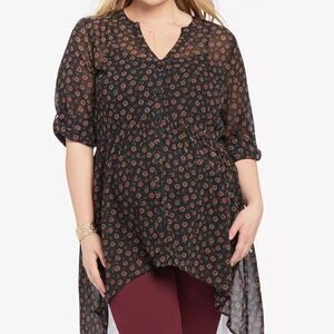 Motherhood Maternity Black Plus Size High-Low Floral Print Semi Sheer Blouse 2X